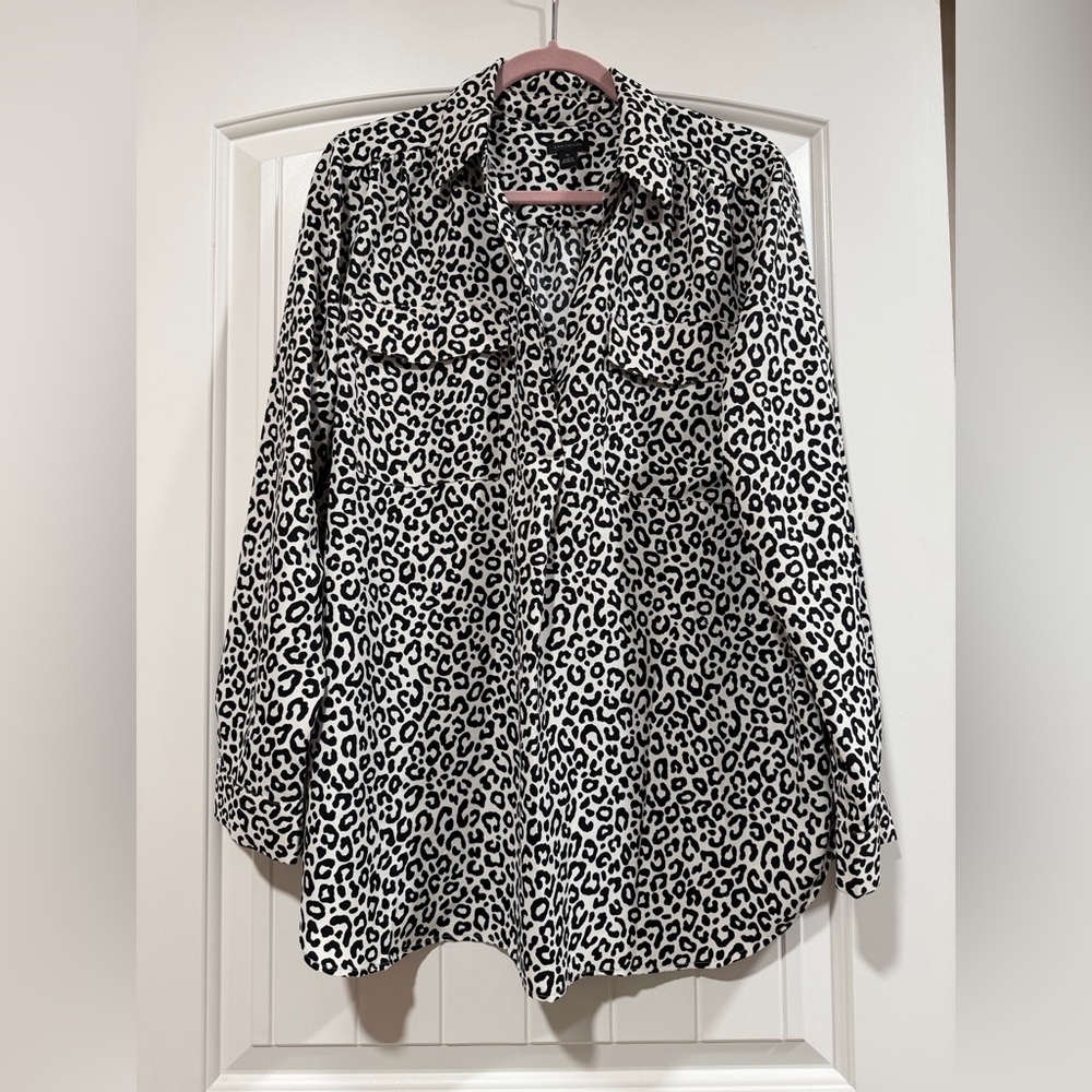 VGUC Ann Taylor Leopard Print Long Sleeve Button Up Tunic Blouse Womens Sz XL